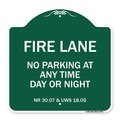Signmission Wisconsin Fire Lane No Parking Anytime Day or Night, Green & White Alum, 18" x 18", GW-1818-22702 A-DES-GW-1818-22702